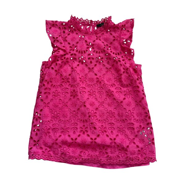 J.CREW Women's Tank Top Sz S Hot Pink Eyelet Lace Mock Neck Ruffle Pullover - Picture 2 of 10